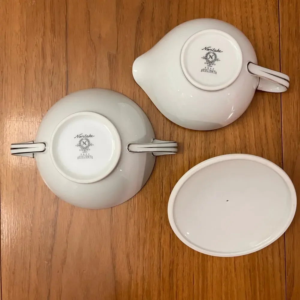 Noritake Cream Sugar Bowl With Lid White Silver China Serving